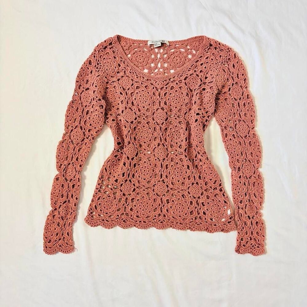Forever-21 Women's Mauve floral crochet long-sleeve top